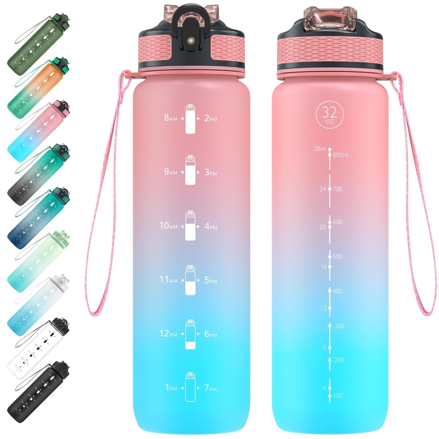 EYQ 1 L Water Bottle, 1 Litre Water Bottle, 32oz Leak-Proof Drinks Bottle, Tritan BPA-Free, Motivational Water Bottle with Time Marker, Sports Drinks Bottle for Fitness, School, Gym, Outdoor Sports