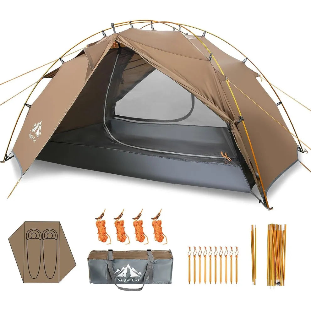 Two-person dome camping tent set with tan fly, gray floor, and orange pole kit