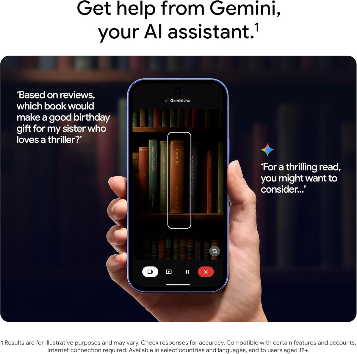 Hand holding a smartphone showing Gemini AI assistant chat interface