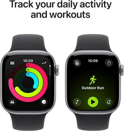 Apple Watch Series 11 GPS smartwatch pair with black sport bands and activity display