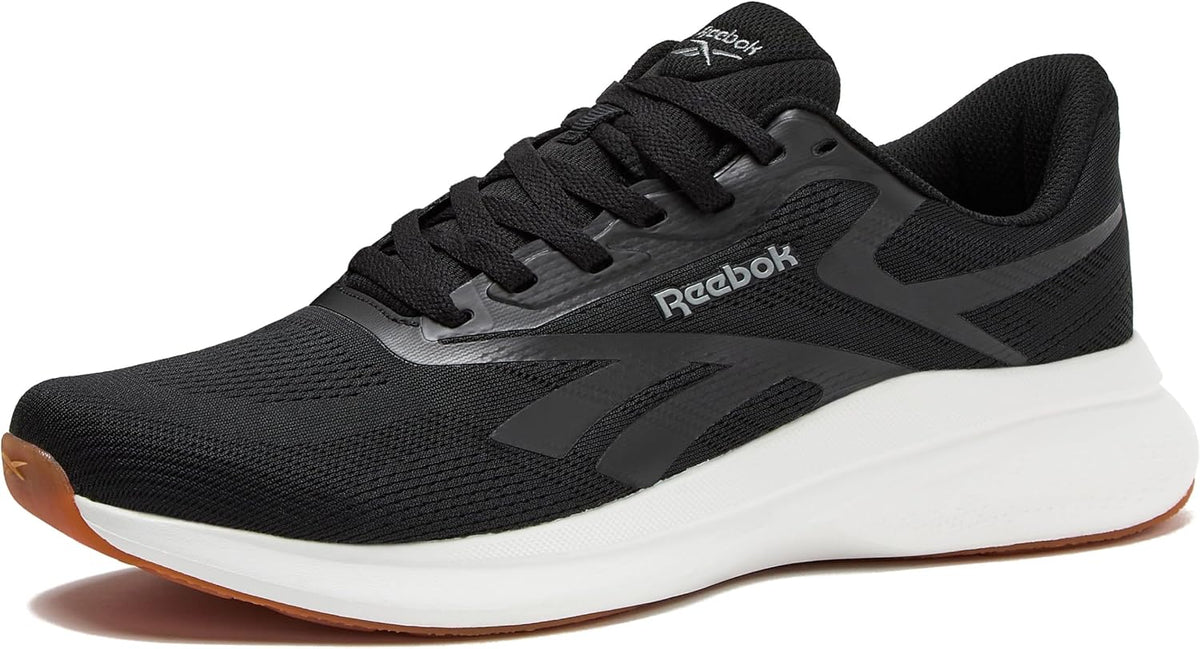 Men's running shoes with black mesh upper, white midsole, and brown outsole edge