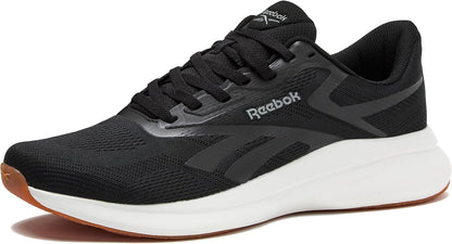 Men's running shoes with dark black mesh upper, white midsole, and brown outsole edge