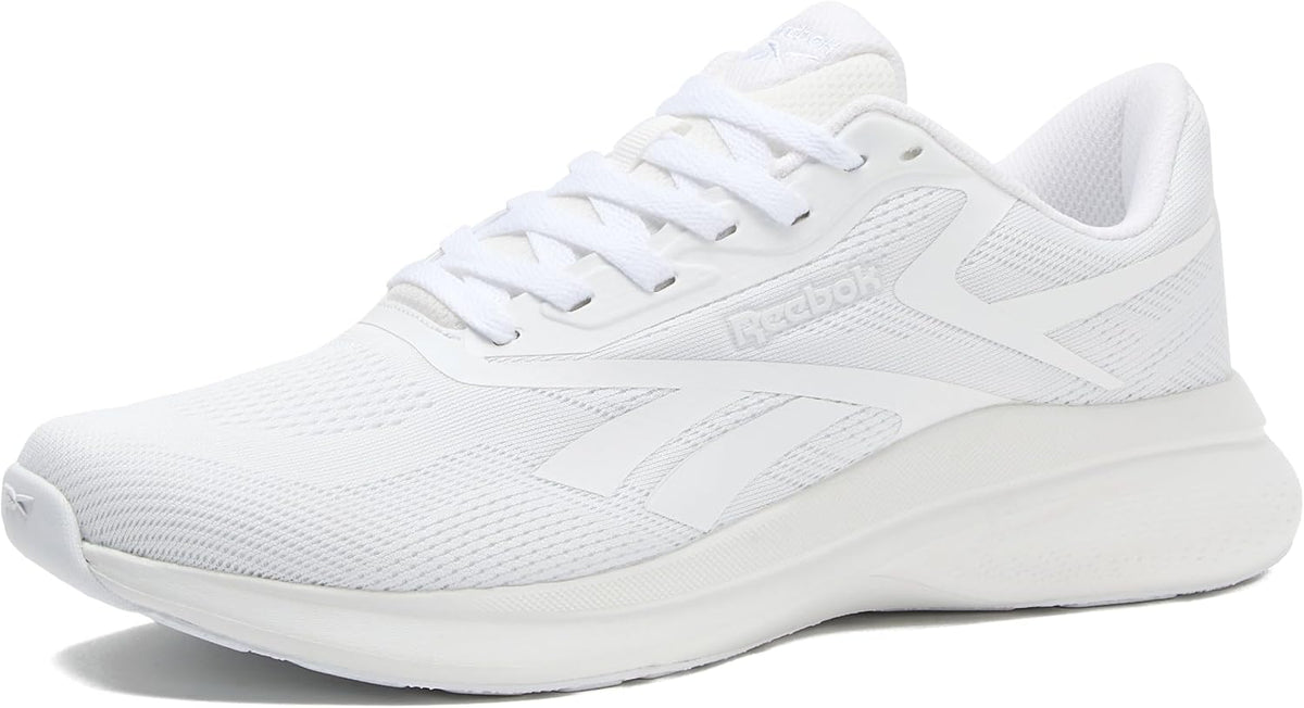 Men's white running shoes with white laces and cushioned sole