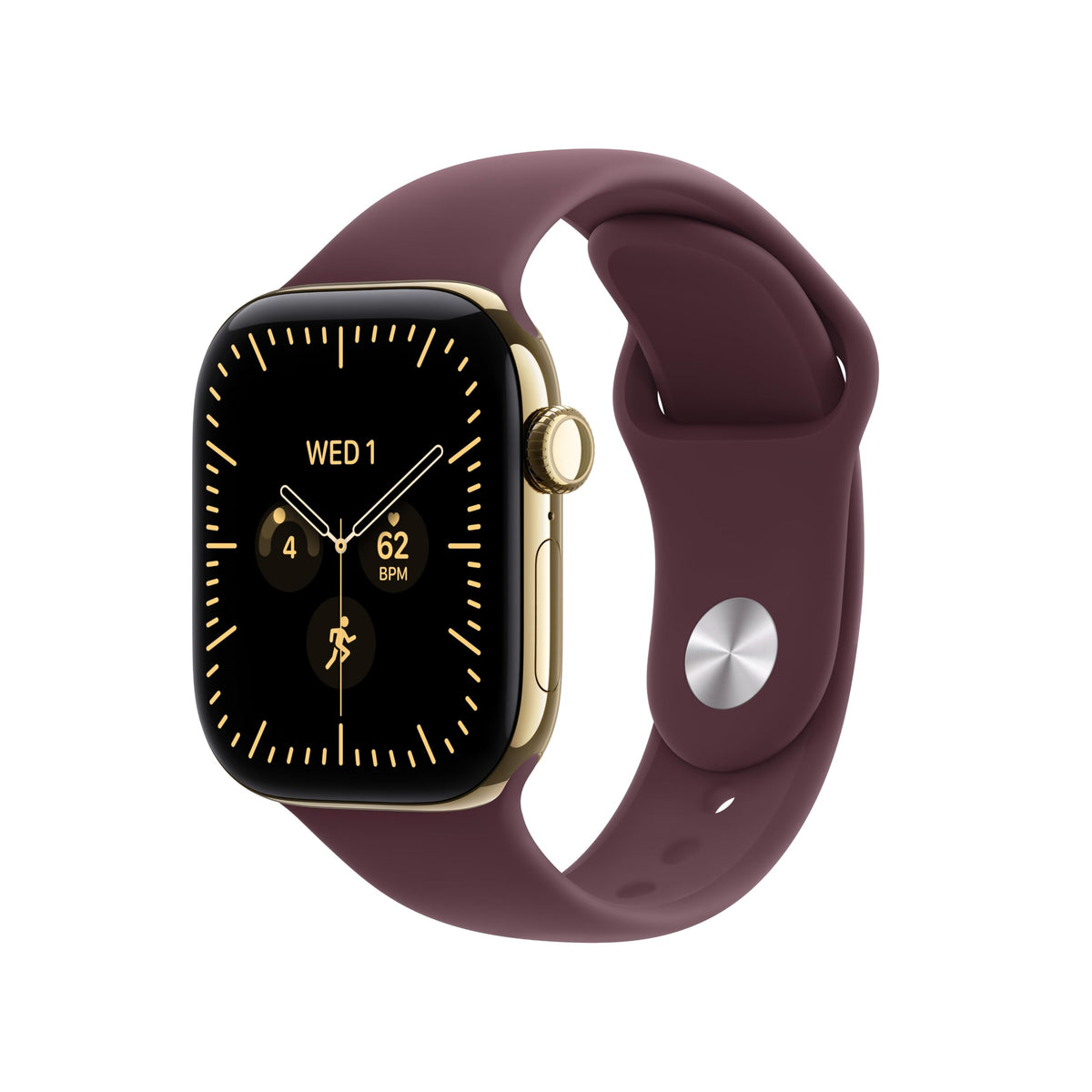 GPS smartwatch with gold case and dark plum silicone sport band