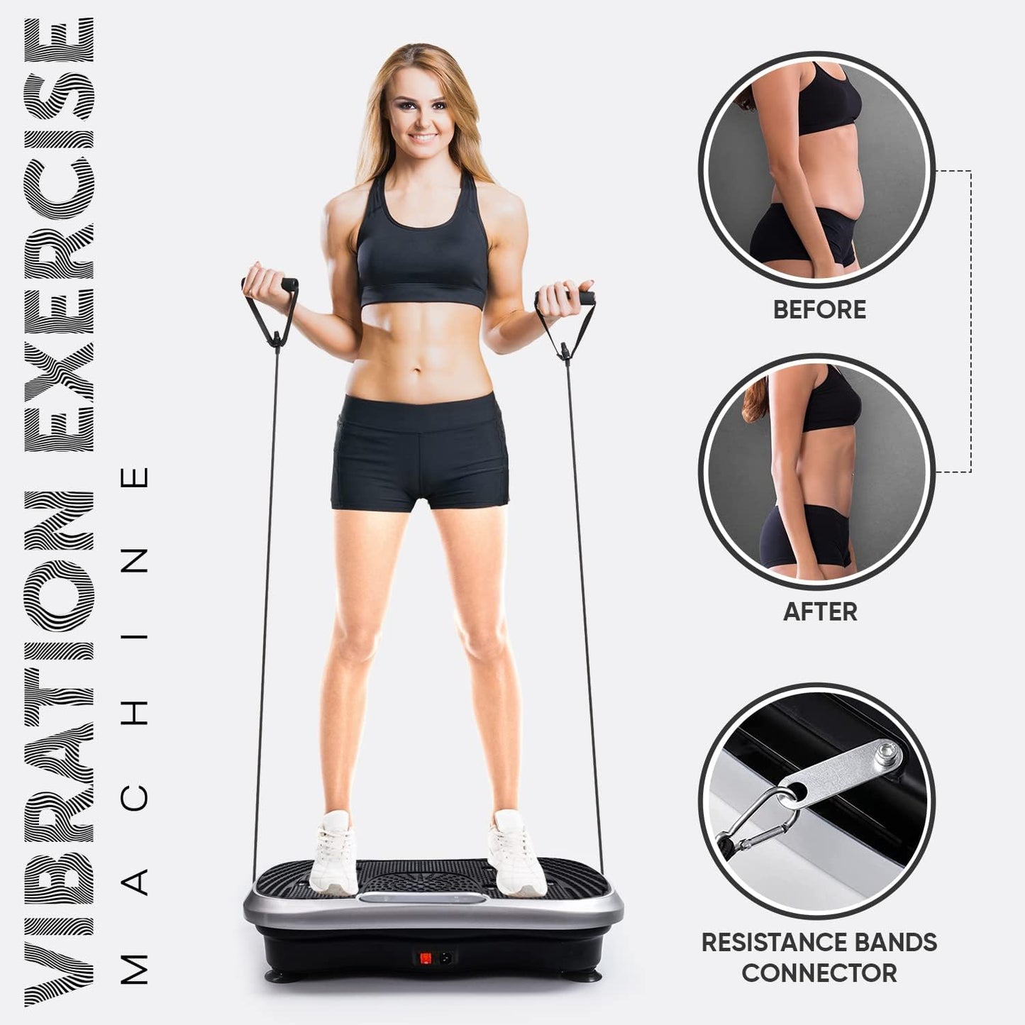 WeightWorld Vibration Plate Exercise Machine - 5 Muscle Stimulating Program Modes - 2 Built-in Bluetooth Speaker, 2 Resistance Bands + 99 Intensity Levels + 5 Programs - For Whole Body Workout