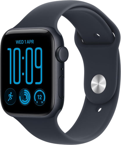 Apple Watch SE GPS smartwatch with midnight band; black screen shows cyan 10:09
