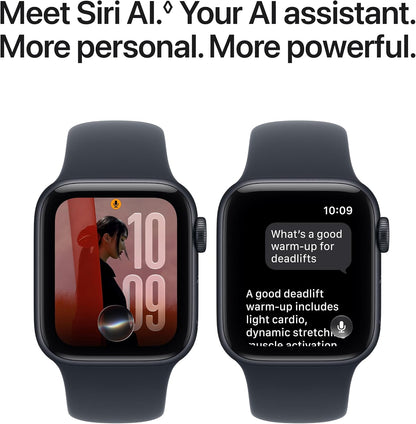 Two Apple Watch SE 3 smartwatches with midnight bands, screens showing Siri-style prompts