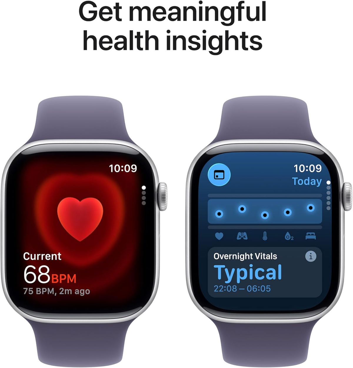 Pair of smartwatches with purple silicone bands, showing heart and overnight vitals screens
