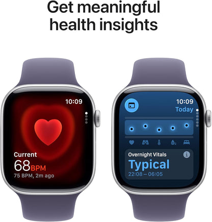 Pair of smartwatches with purple silicone bands, showing heart and overnight vitals screens