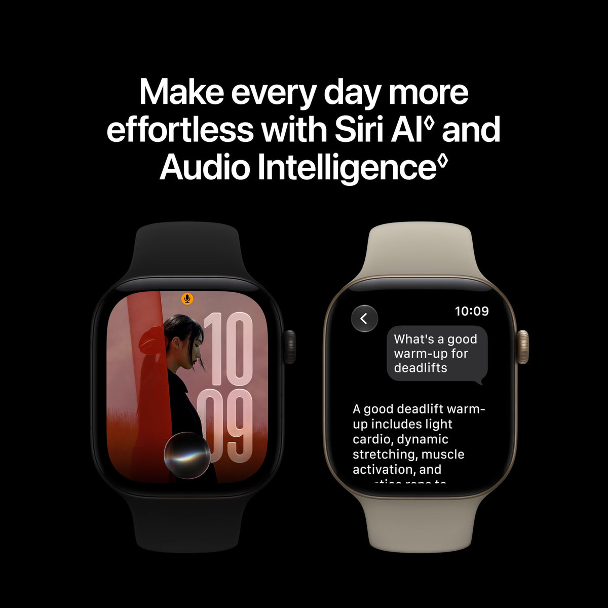 GPS smartwatch with black sport band, square display showing workout-style graphics.