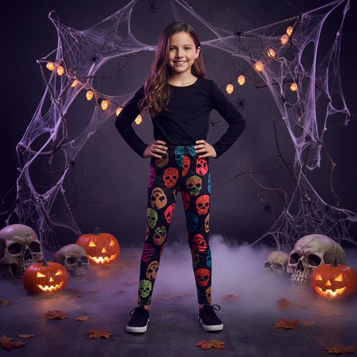 Kids black Halloween leggings with multi-color skull print