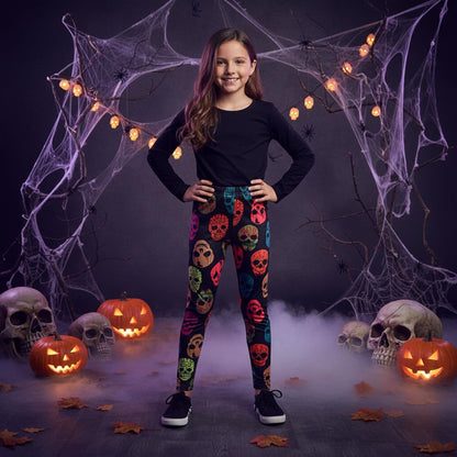 Kids black Halloween leggings with multi-color skull print