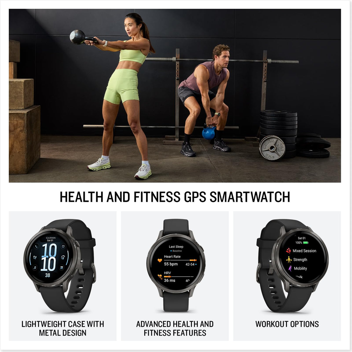 Garmin Venu 4 GPS smartwatch, black silicone strap, front view and side button design