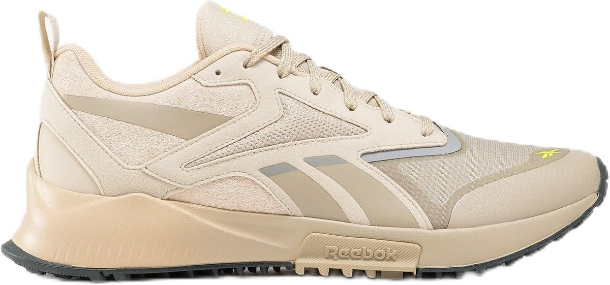 Men's trail running shoes in cream, lace-up with textured overlays and traction sole.