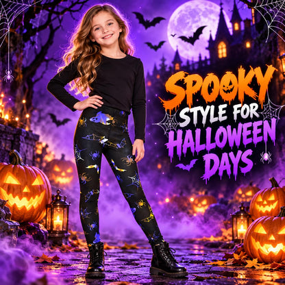 Kids Halloween leggings with black base and yellow spider web plus bat silhouettes