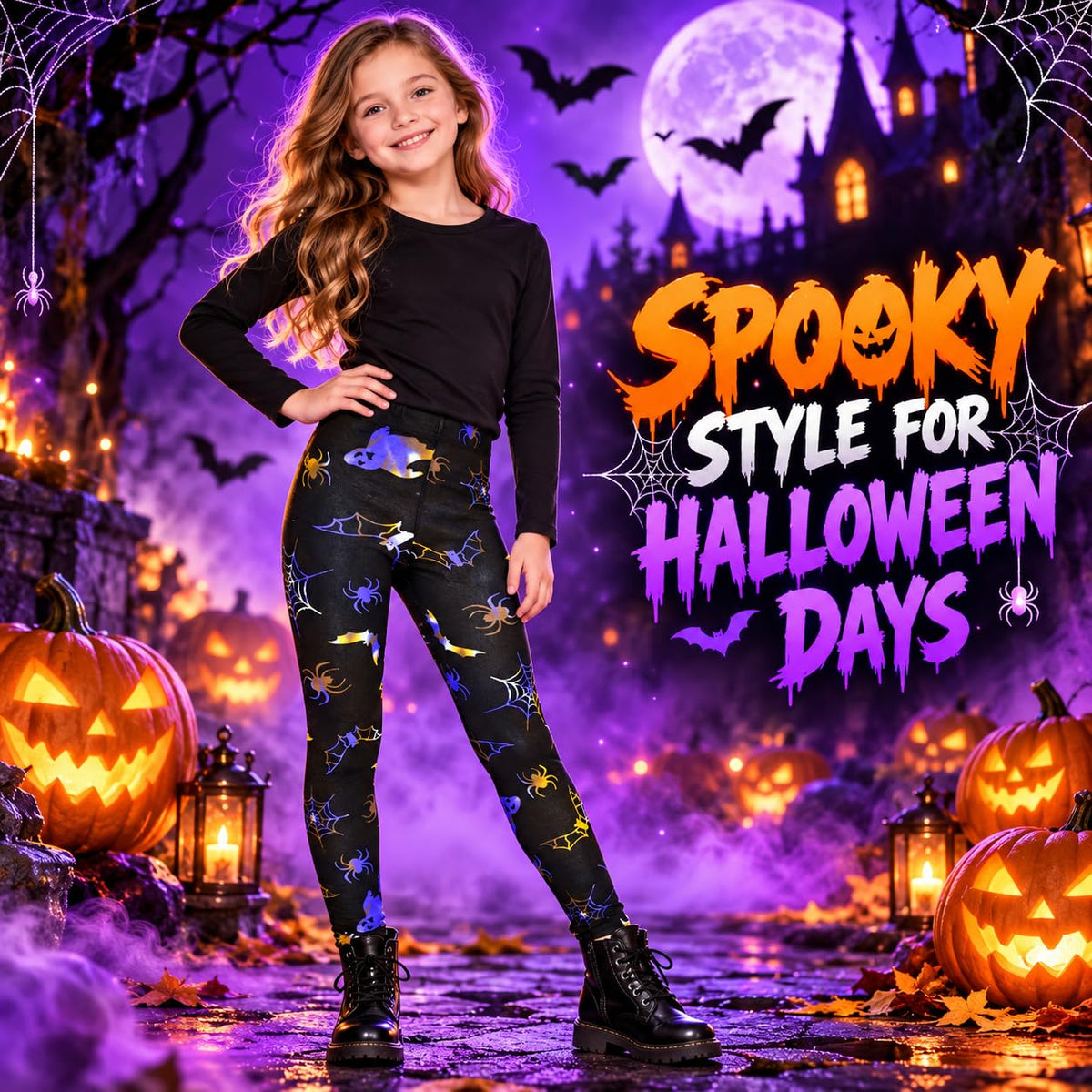 Black kids leggings with purple spiderweb and bat print, full length