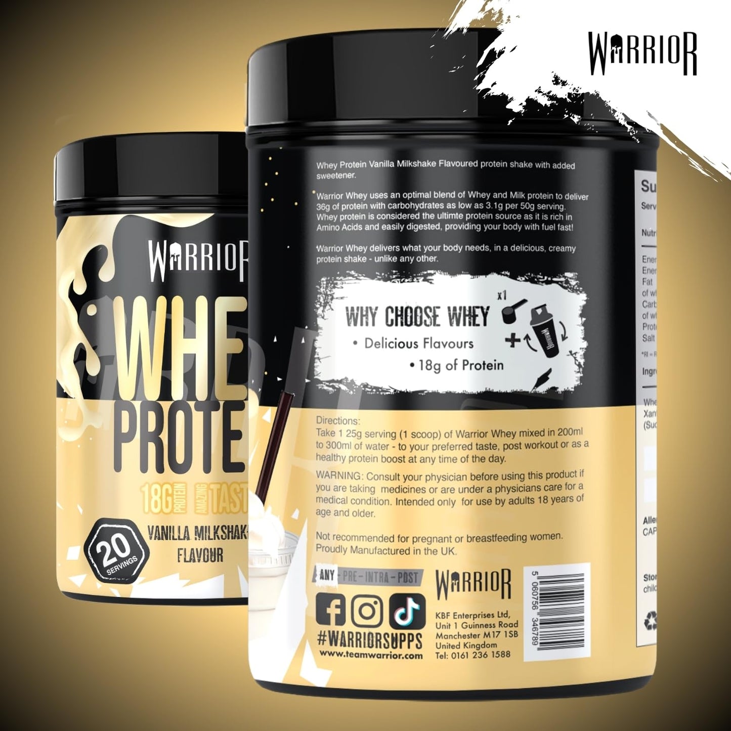 Warrior Whey Protein Powder 500g - Up to 36g* Protein per Shake – Low Sugar - Muscle Growth and Recovery Drink - Amazing Taste - 20 Servings - GMP Certified (Double Chocolate)