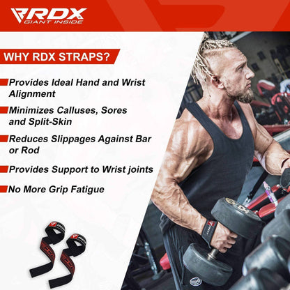 RDX Weight Lifting Straps Deadlifting Powerlifting, 5MM Neoprene Wrist Support, Anti Slip 60CM Hand Bar Grip, Heavy Duty Bodybuilding Weightlifting Workout, Soft Cotton, Strength Training Gym Fitness