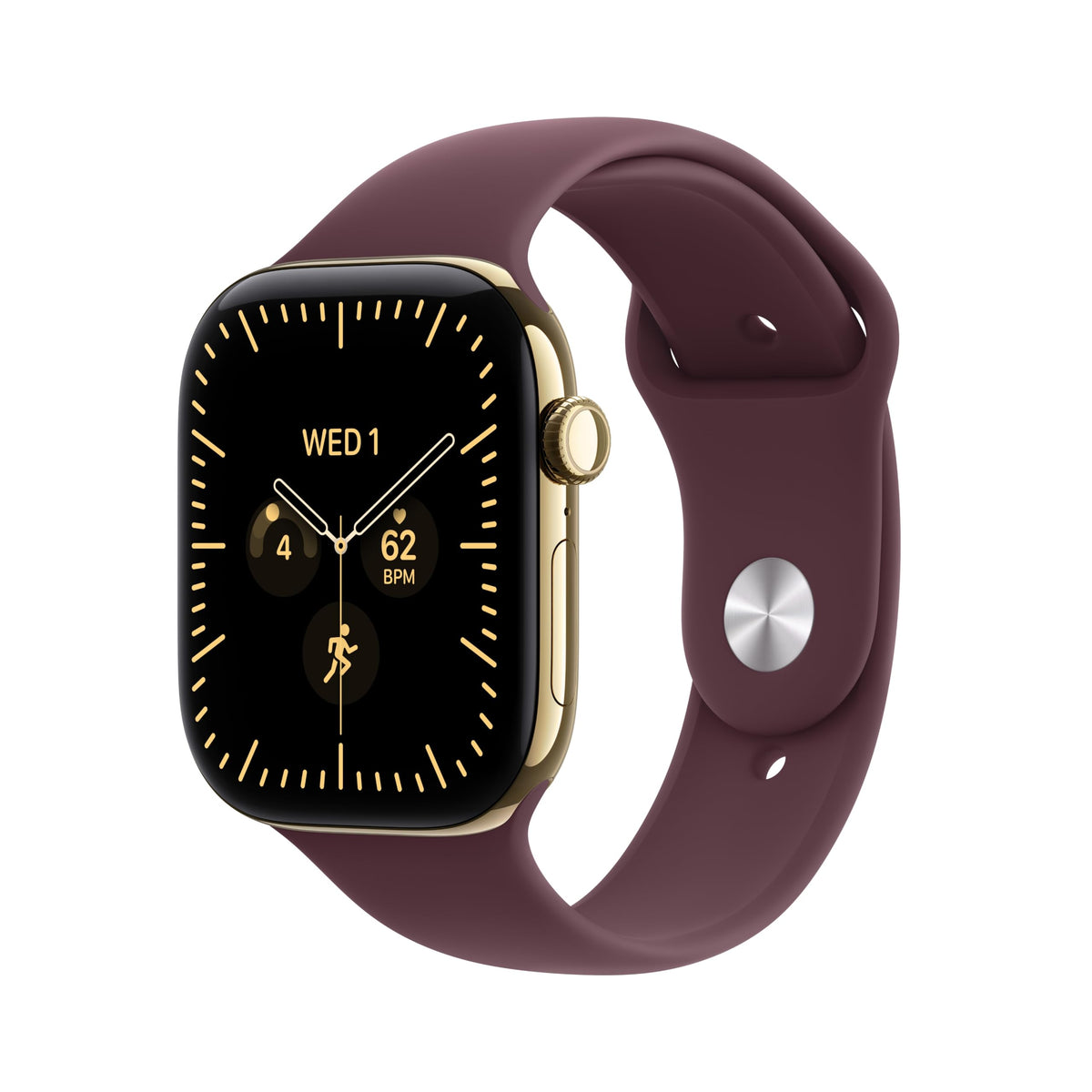 GPS smartwatch with gold case and dark plum silicone band