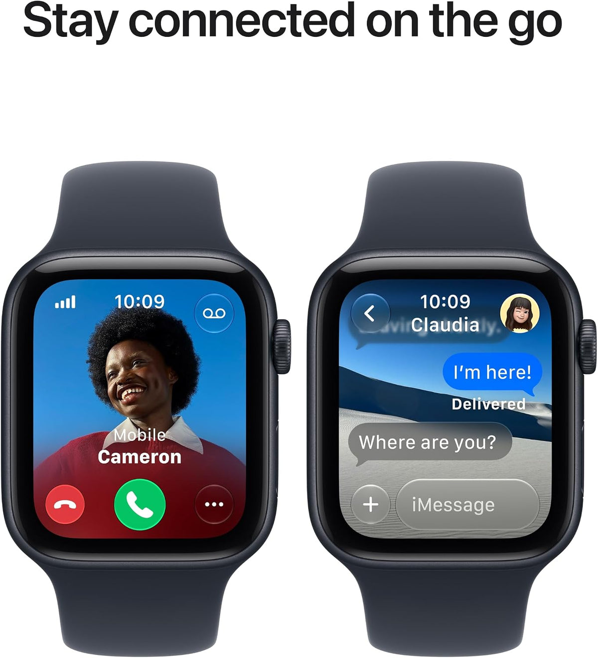 Dark blue Apple Watch showing call and message screens on display