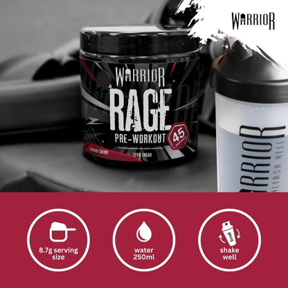 Warrior Rage - Pre-Workout Powder - 392g - Energy Drink Supplement with Vitamin C, Beta Alanine and Creatine Gluconate - 45 Servings (Charged Cherry)