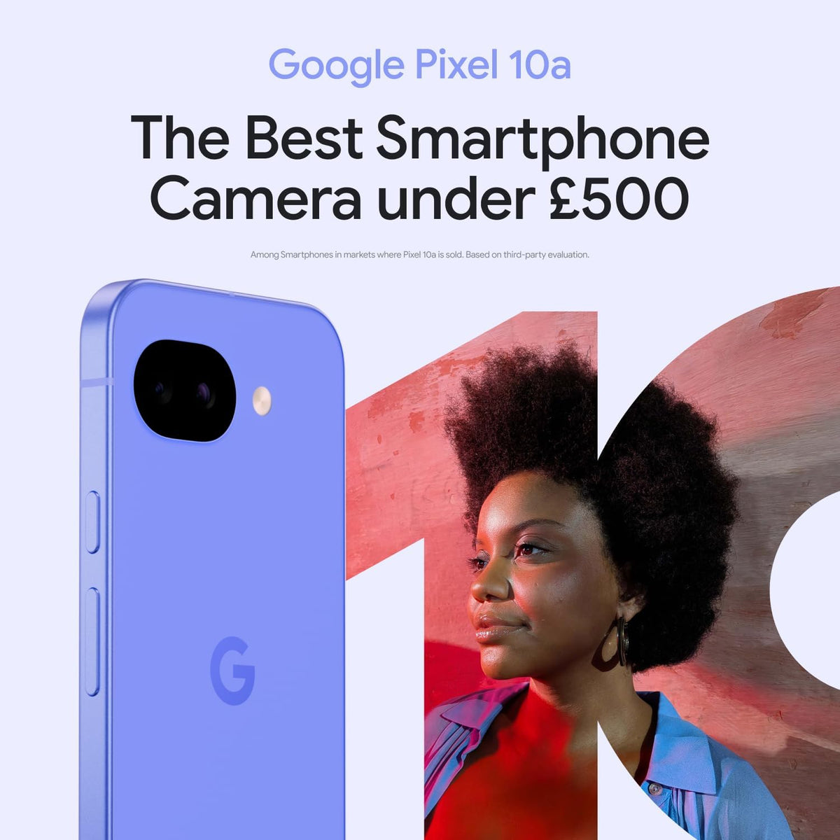 Blue smartphone back with dual cameras and Google logo, single rear view.