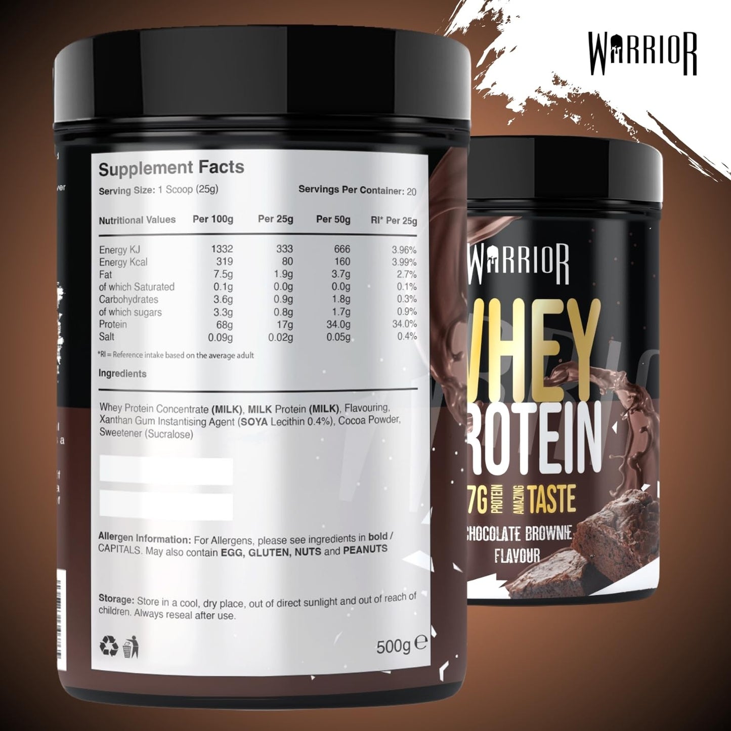 Warrior Whey Protein Powder 500g - Up to 36g* Protein per Shake – Low Sugar - Muscle Growth and Recovery Drink - Amazing Taste - 20 Servings - GMP Certified (Double Chocolate)