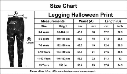 Leggings size chart with waist and length measurements for girls ages 3–13