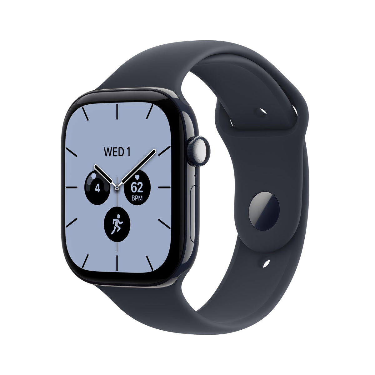 GPS smartwatch with dark case and navy/blue silicone band