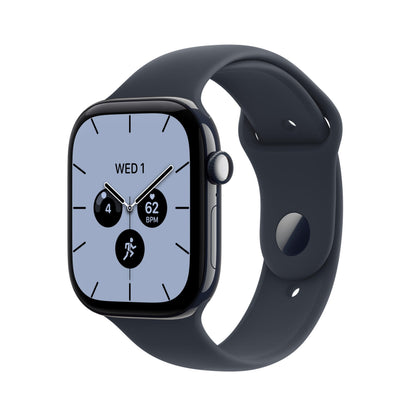 GPS smartwatch with dark case and navy/blue silicone band