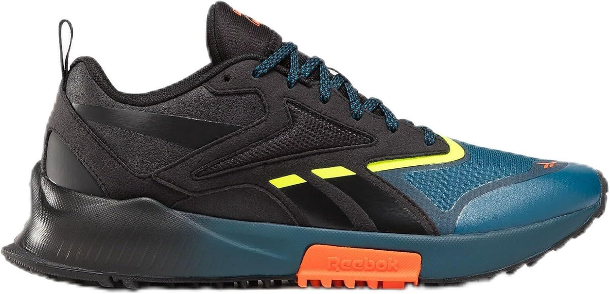 Men's trail running shoe in black with teal-blue panels and orange details