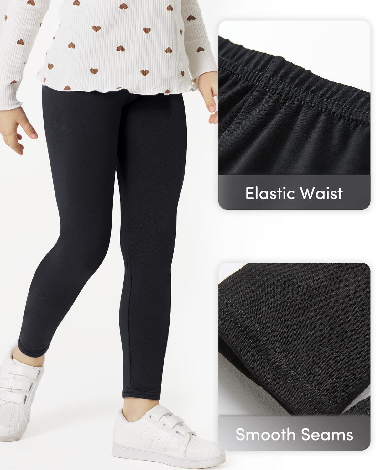 Girls black cotton leggings, full-length with elastic waistband and smooth seams