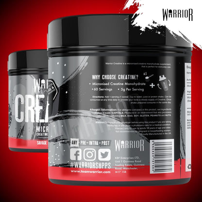 Warrior Creatine Monohydrate Powder 300g – Micronised – Proven to Improve Physical Performance and Recovery, 5g Servings (Unflavoured)