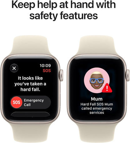 Light-colored smartwatch showing SOS emergency call and hard fall alert