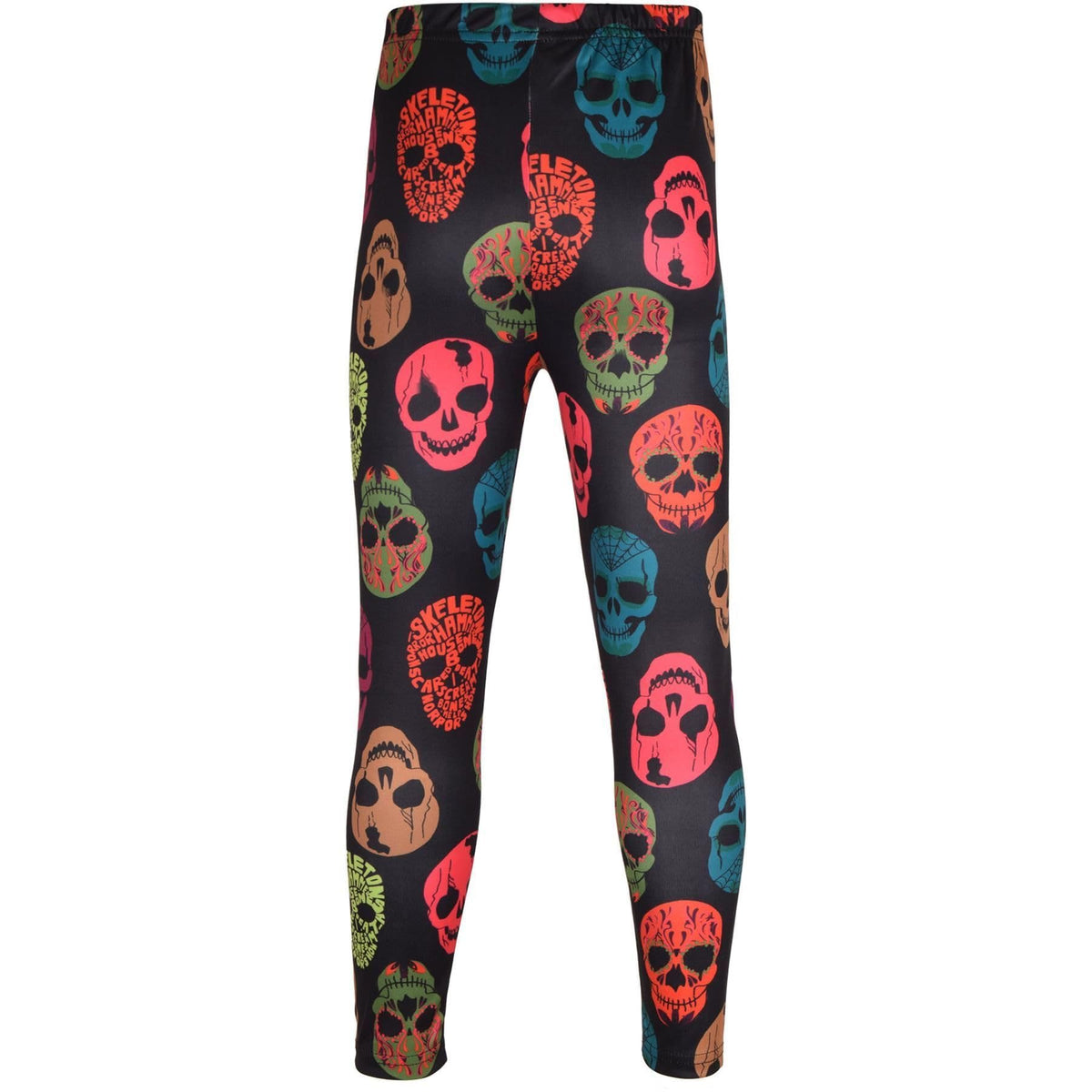 Kids leggings featuring colorful skull faces on a black base