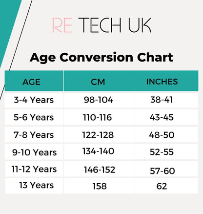 Age conversion chart for girls leggings, sizes in cm and inches by age