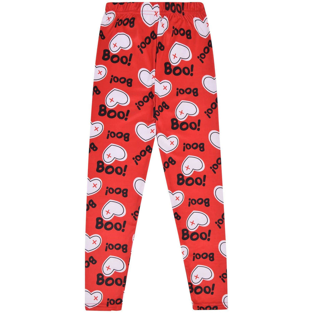 Kids Halloween leggings in red with repeating “Boo!” text and ghost icon pattern.