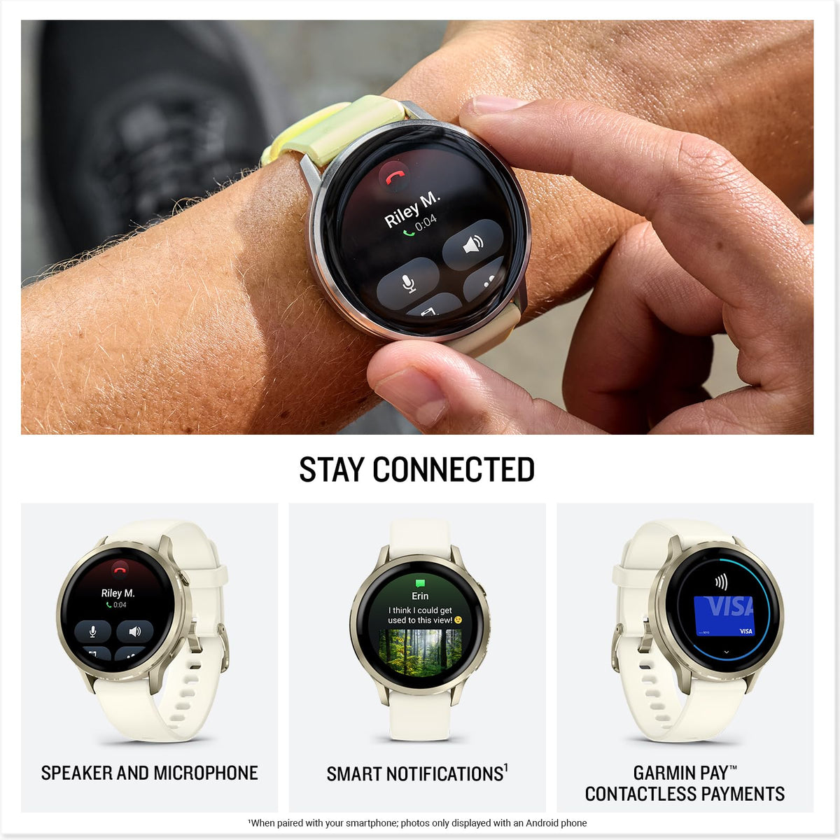 GPS fitness smartwatch with call controls and notifications on round screen