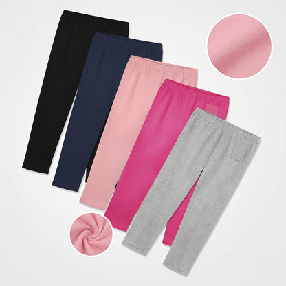 Girls' full-length leggings 5-pack in black, navy, pink, fuchsia, and gray.