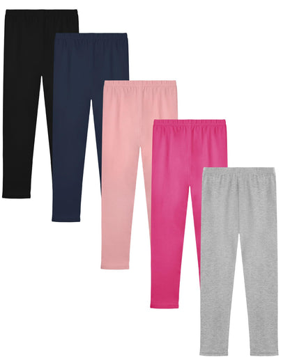 Girls' full-length leggings 5-pack with black, navy, blush pink, fuchsia, and gray colors.