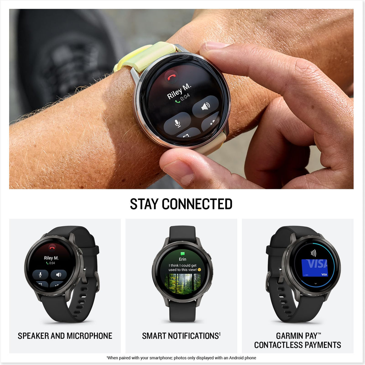 Garmin Venu 4 GPS smartwatch with lime strap and dark circular display on wrist