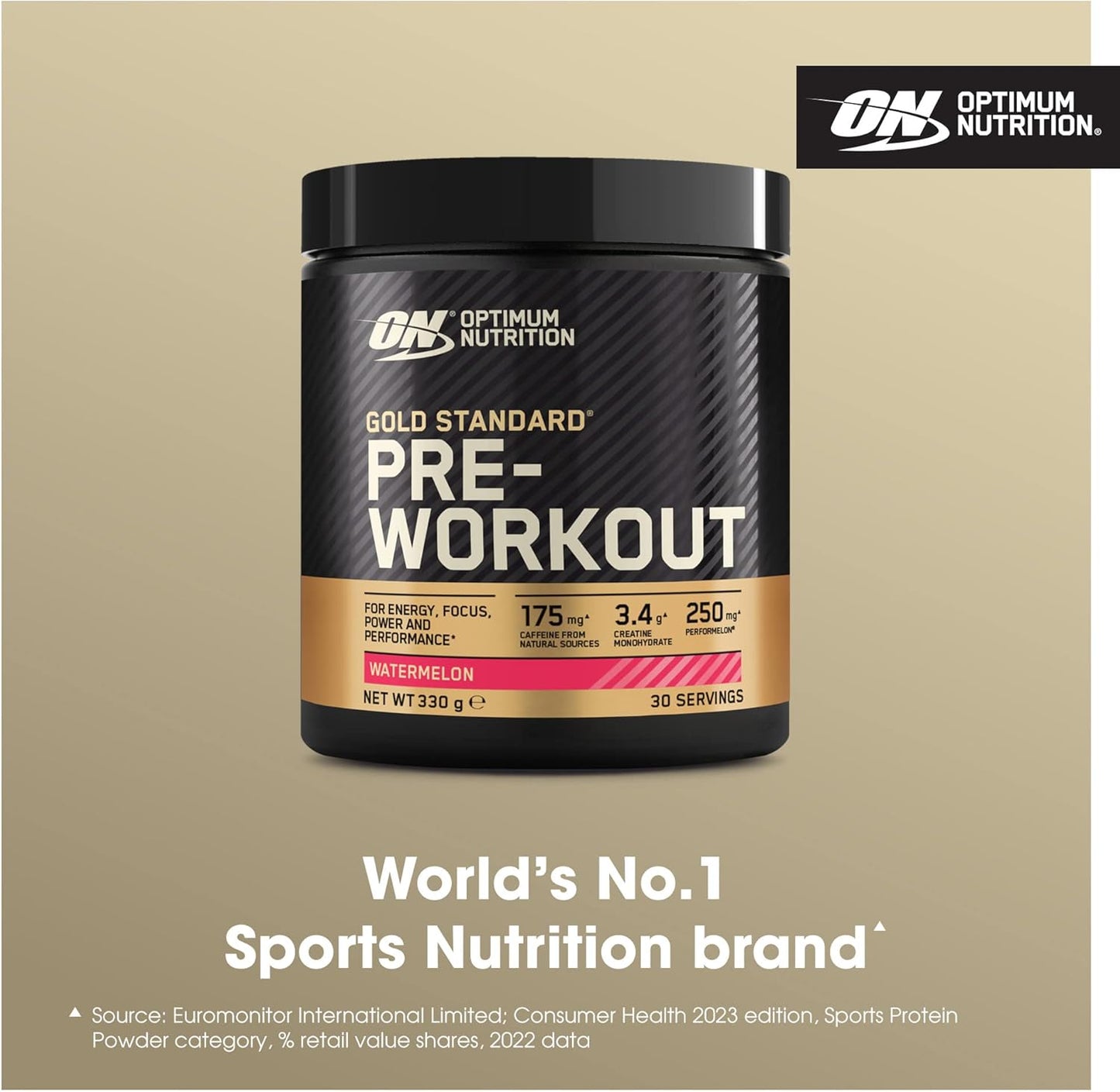 Optimum Nutrition Gold Standard Pre Workout Powder, Energy Drink with Creatine Monohydrate, Beta Alanine, Caffeine and Vitamin B Complex, Nutrition Supplement, Watermelon Flavour, 30 Servings, 330 g