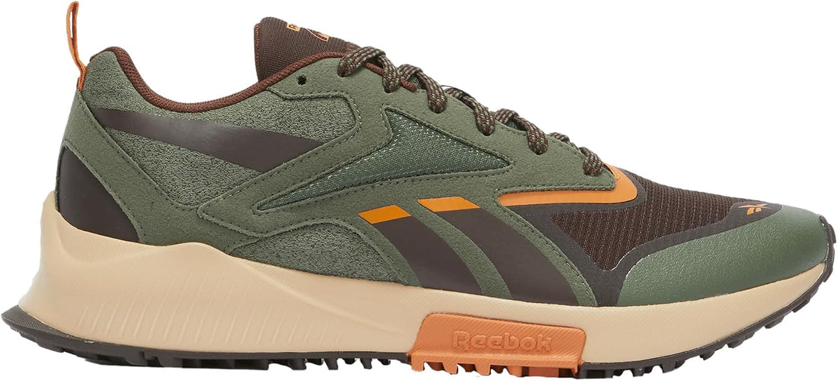 Men's trail running shoes in olive green and brown, lace-up with grippy sole.