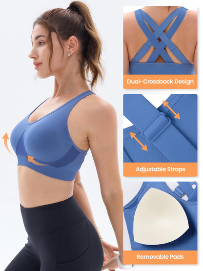 FITTIN Sports Bras for Women Padded: Adjustable Cross Back Seamless Bras Pack for Workout Yoga