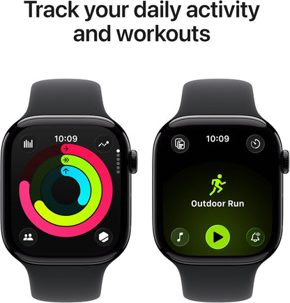 Two black Apple Watch GPS smartwatches with sport bands, activity ring and outdoor run screen