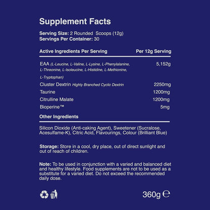 Warrior EAA - Essential Amino Acids - 360g - Provides Exceptional Support for Recovery & Muscle Soreness - Formula Includes Cyclic Dextrin, Taurine and More, Blue Raspberry