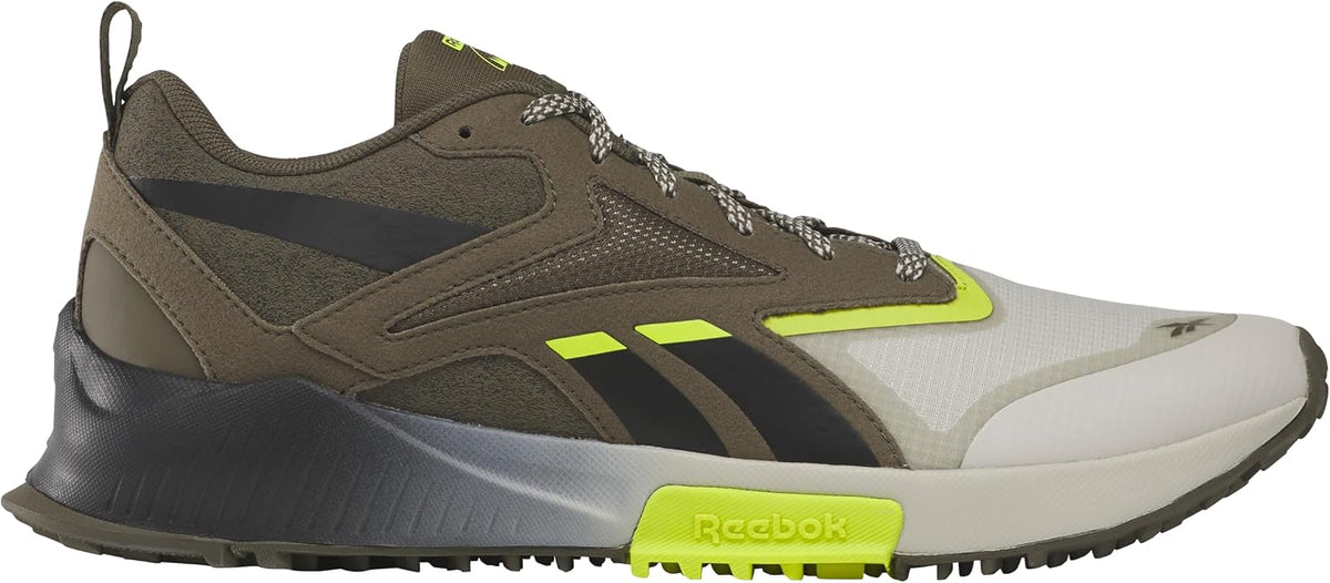 Reebok mens trail running shoe, brown and gray with neon green stripe and laces