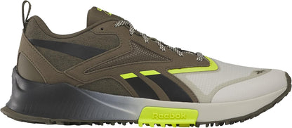 Men's trail running shoe in olive brown with neon green logo