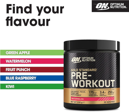 Optimum Nutrition Gold Standard Pre Workout Powder, Energy Drink with Creatine Monohydrate, Beta Alanine, Caffeine and Vitamin B Complex, Nutrition Supplement, Watermelon Flavour, 30 Servings, 330 g