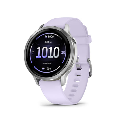 Garmin GPS fitness smartwatch with lilac silicone strap and round black display